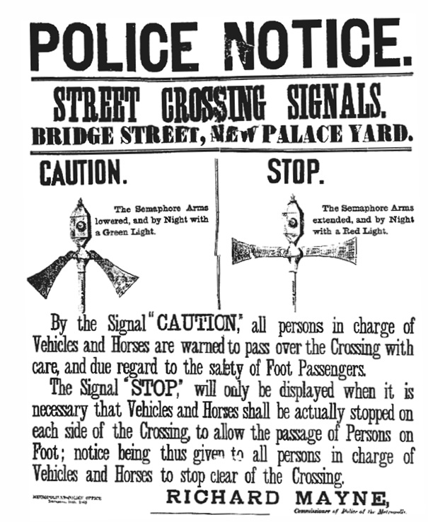 A black-and-white historical illustration of the first traffic light, a gas-lit semaphore signal installed outside the Houses of Parliament in London in 1868.